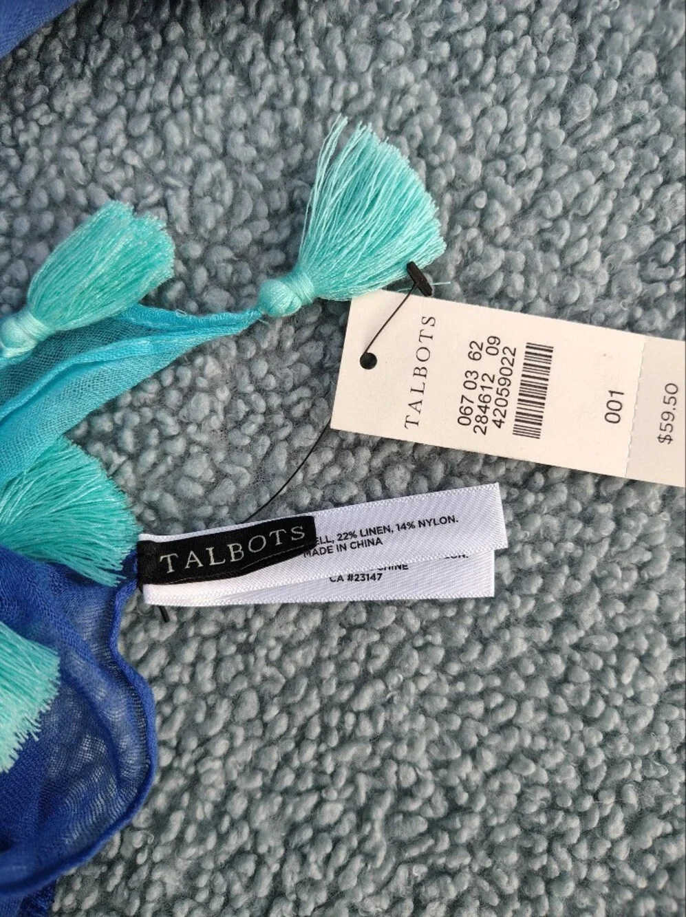 NWT Talbots Ombre Blue Linen Blend Lightweight Summer Scarf with Tassels